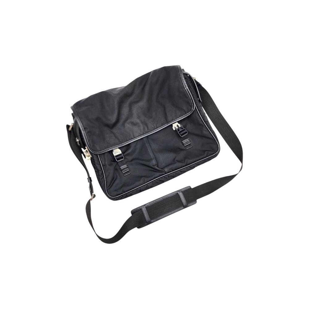 Prada Tessuto Nylon Double Clip Messenger Crossbody Computer Bag Black Unisex - Picture 3 of 11